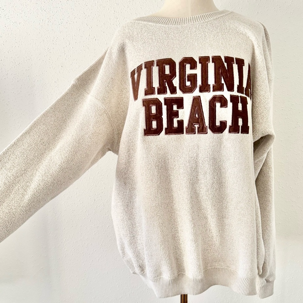 New Virginia Beach Embroidered Heather Knit Sweater Women's sz XL Natural Brown - Picture 1 of 8